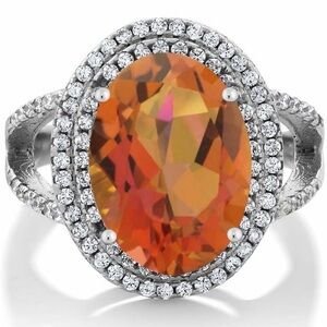 Oval Orange Halo Cocktail Ring - Silver